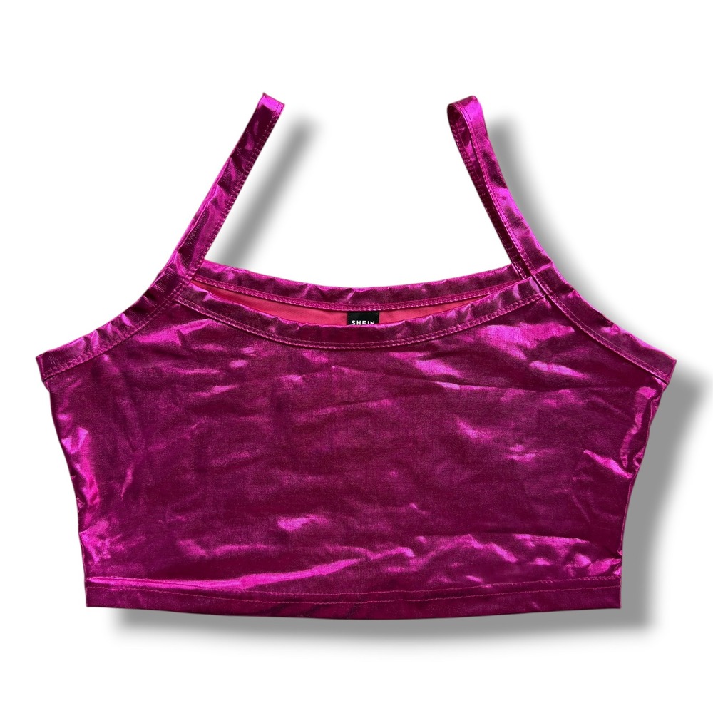 Women M Metallic Hot Pink Foil Cropped Sleeveless Scoop Neck Tank Party Festival